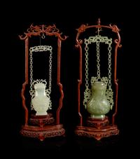 Two Chinese Serpentine Covered Hanging Vases