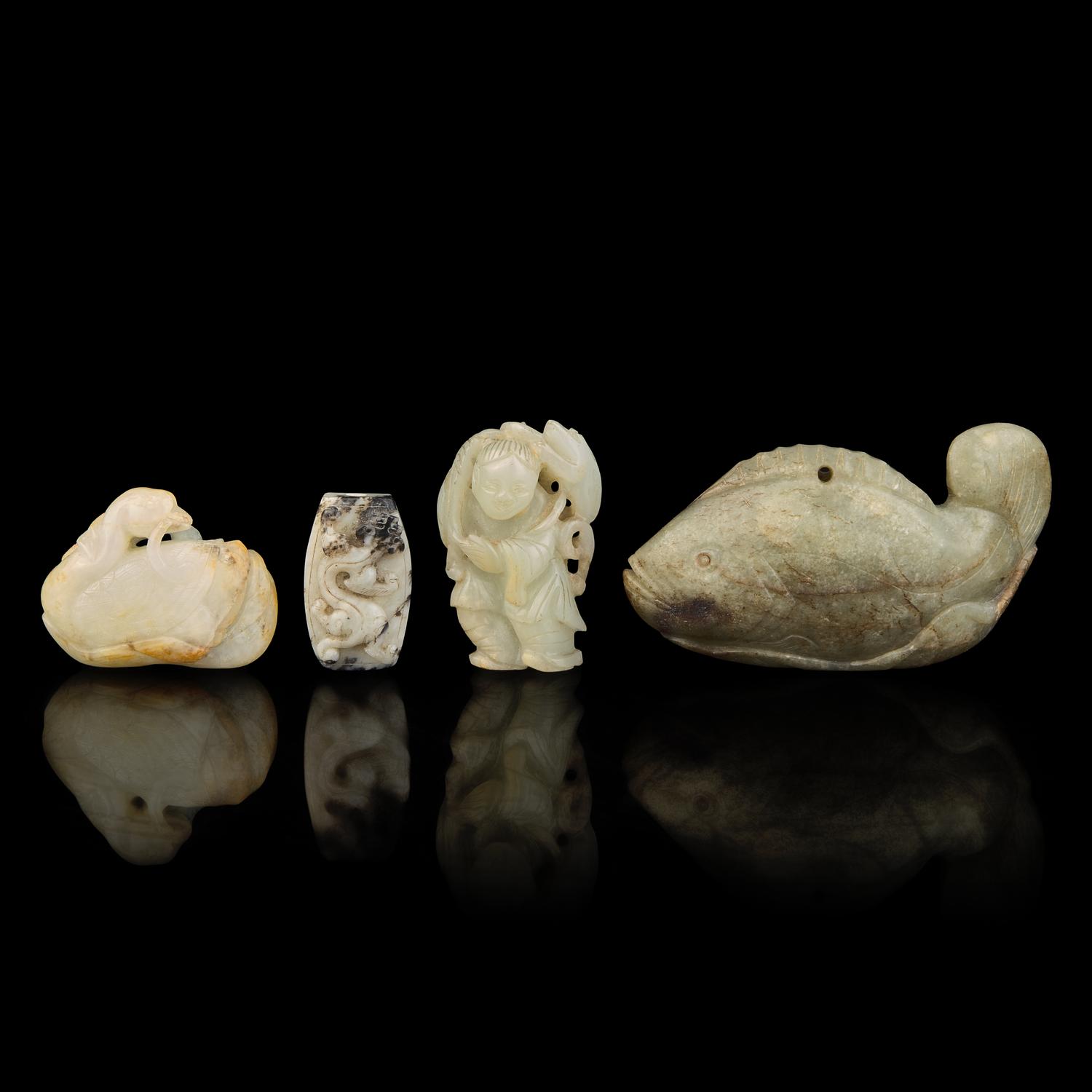 Four Chinese Carved Jade Items, Qing Dynasty and Later — 清-近代 玉把件四枚