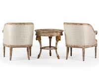 A Pair of Louis XVI-Style Carved and Painted Bergeres and Center Table