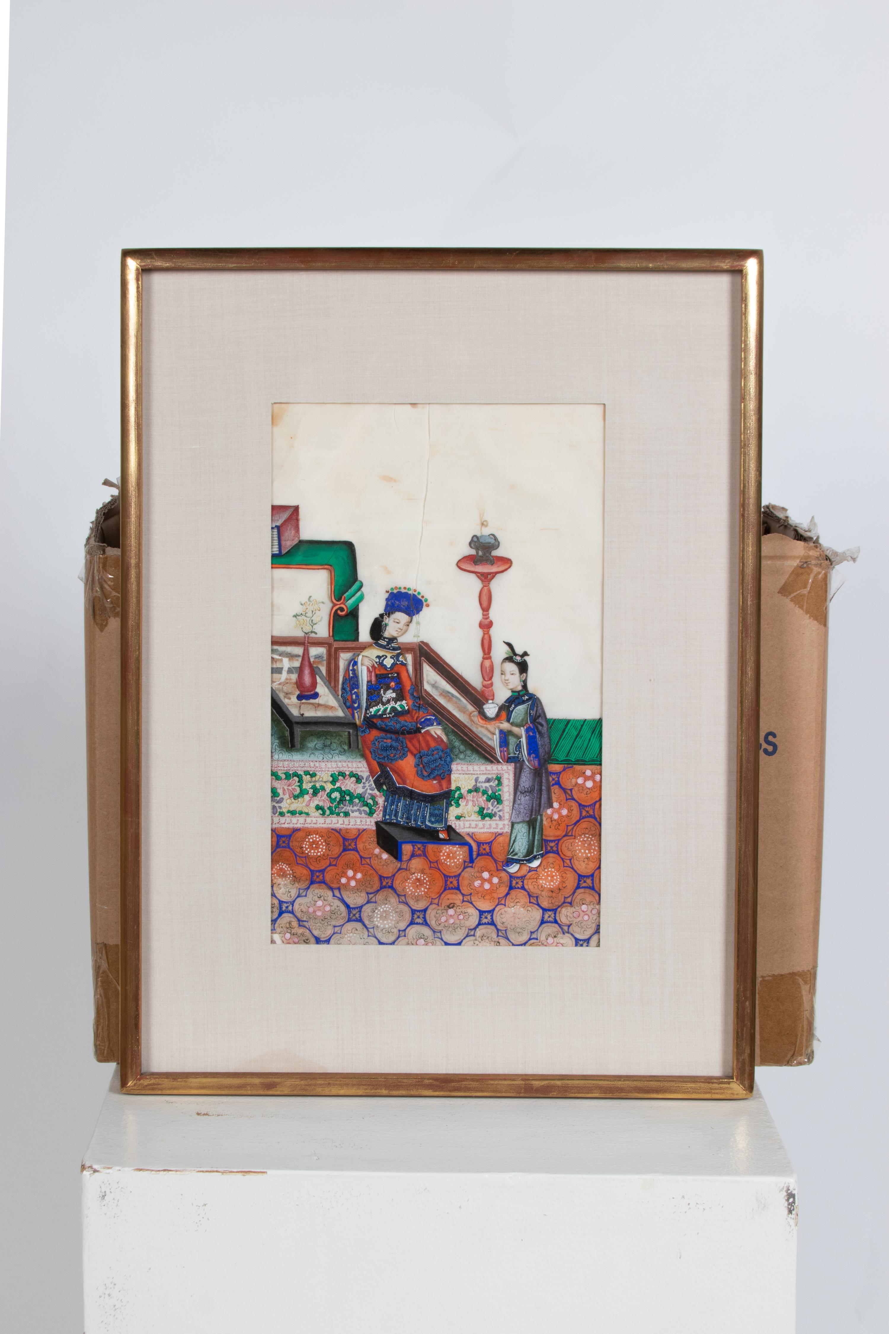 A Set of Three Chinese Export Paintings on Pith Paper, Depicting Court Scenes