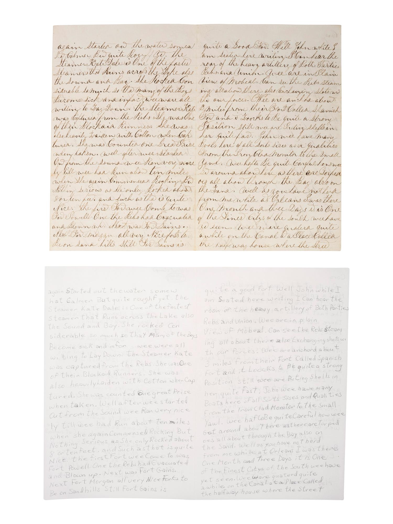 [CIVIL WAR - NAVY]. A group of 2 letters with Mobile Bay interest, including the Battle of Spanish Fort, comprising: