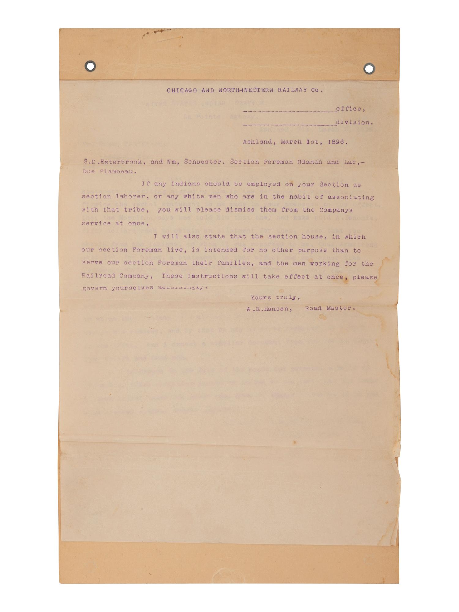 [NATIVE AMERICAN]. ARMSTRONG, Charles D. (1866-1931). Papers of Charles D. Armstrong of the Bad River Band of the Lake Superior Tribe of Chippewa Indians, including letters, documents, maps, and photographs.