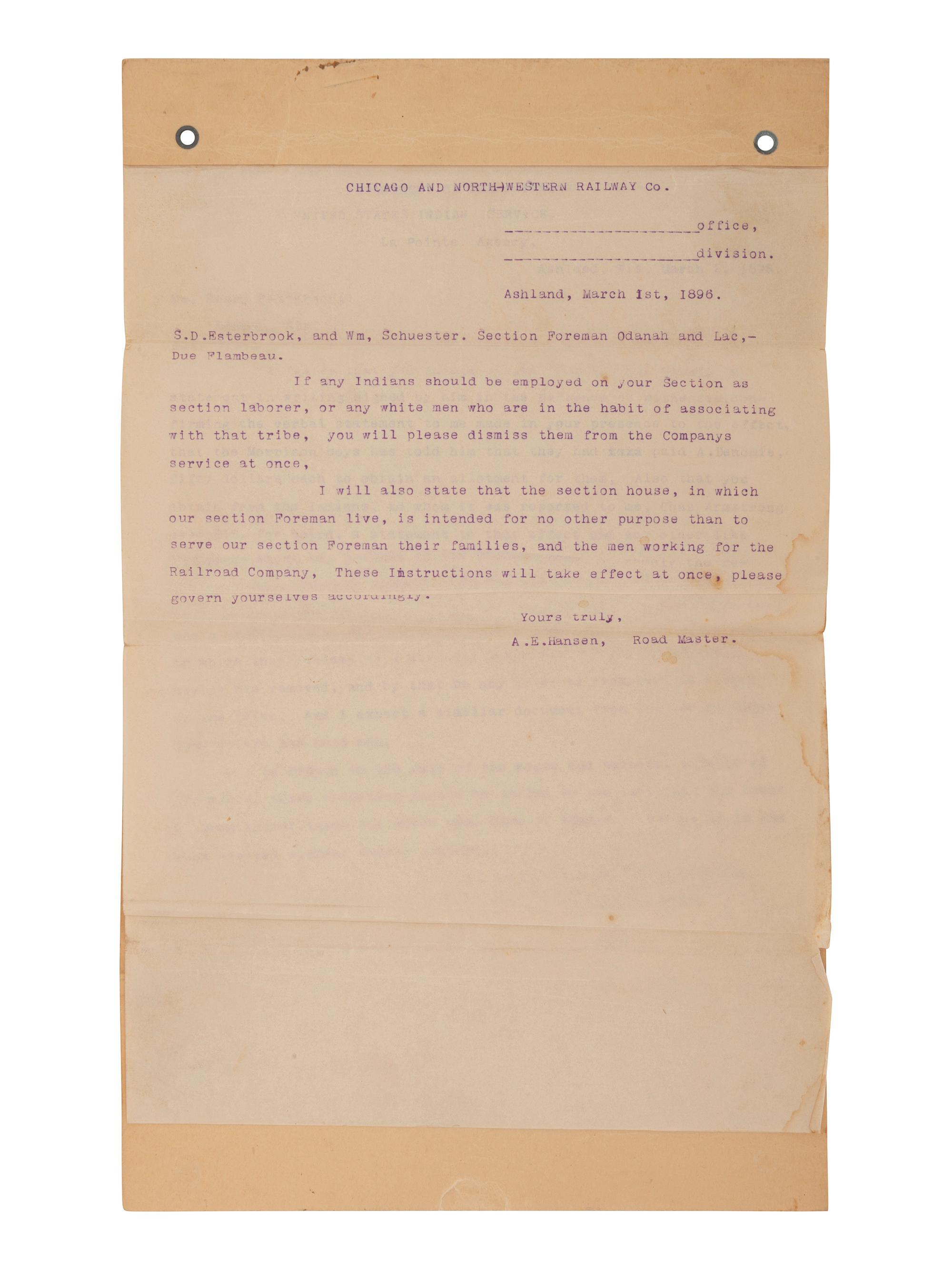 [NATIVE AMERICAN]. ARMSTRONG, Charles D. (1866-1931). Papers of Charles D. Armstrong of the Bad River Band of the Lake Superior Tribe of Chippewa Indians, including letters, documents, maps, and photographs.