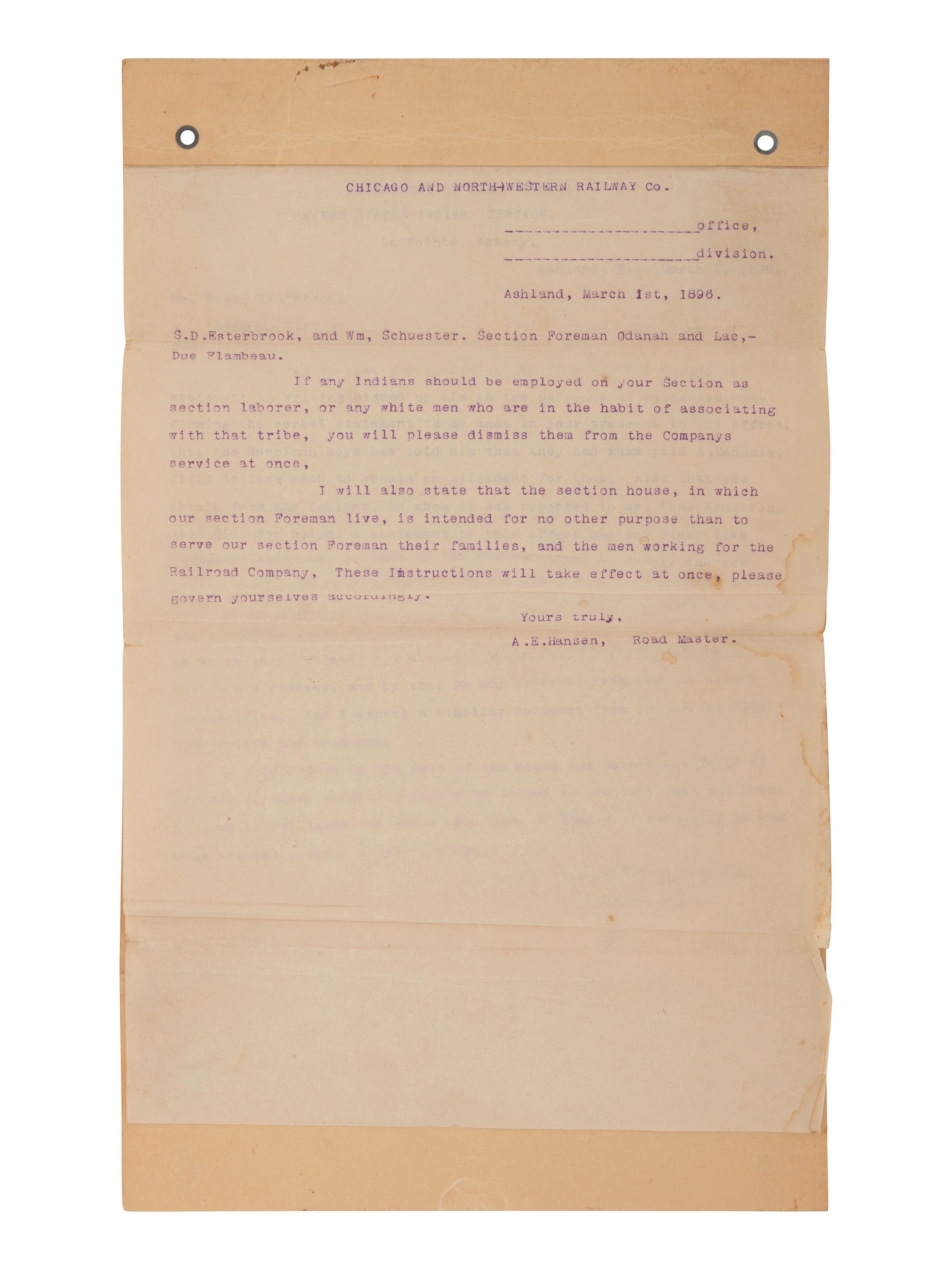 [NATIVE AMERICAN]. ARMSTRONG, Charles D. (1866-1931). Papers of Charles D. Armstrong of the Bad River Band of the Lake Superior Tribe of Chippewa Indians, including letters, documents, maps, and photographs.