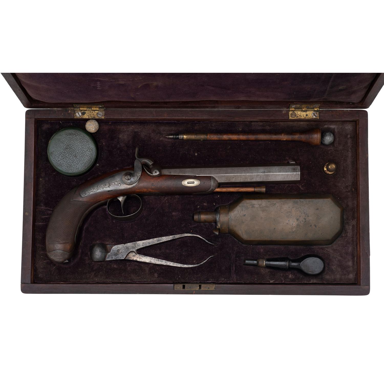 19th Century Belgian Percussion Pistol in Case with Accessories