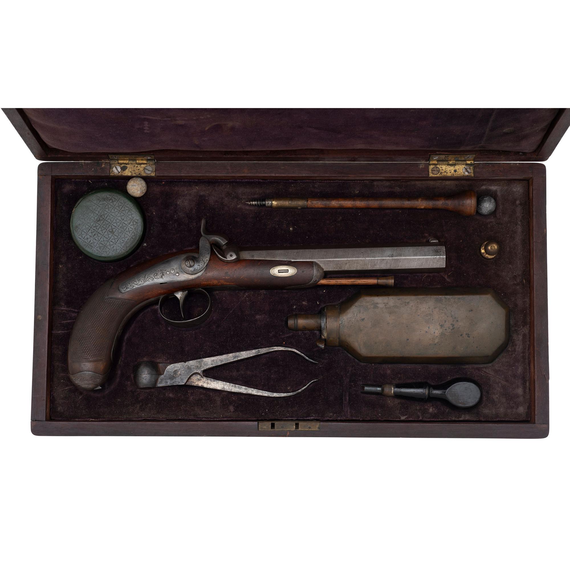 19th Century Belgian Percussion Pistol in Case with Accessories