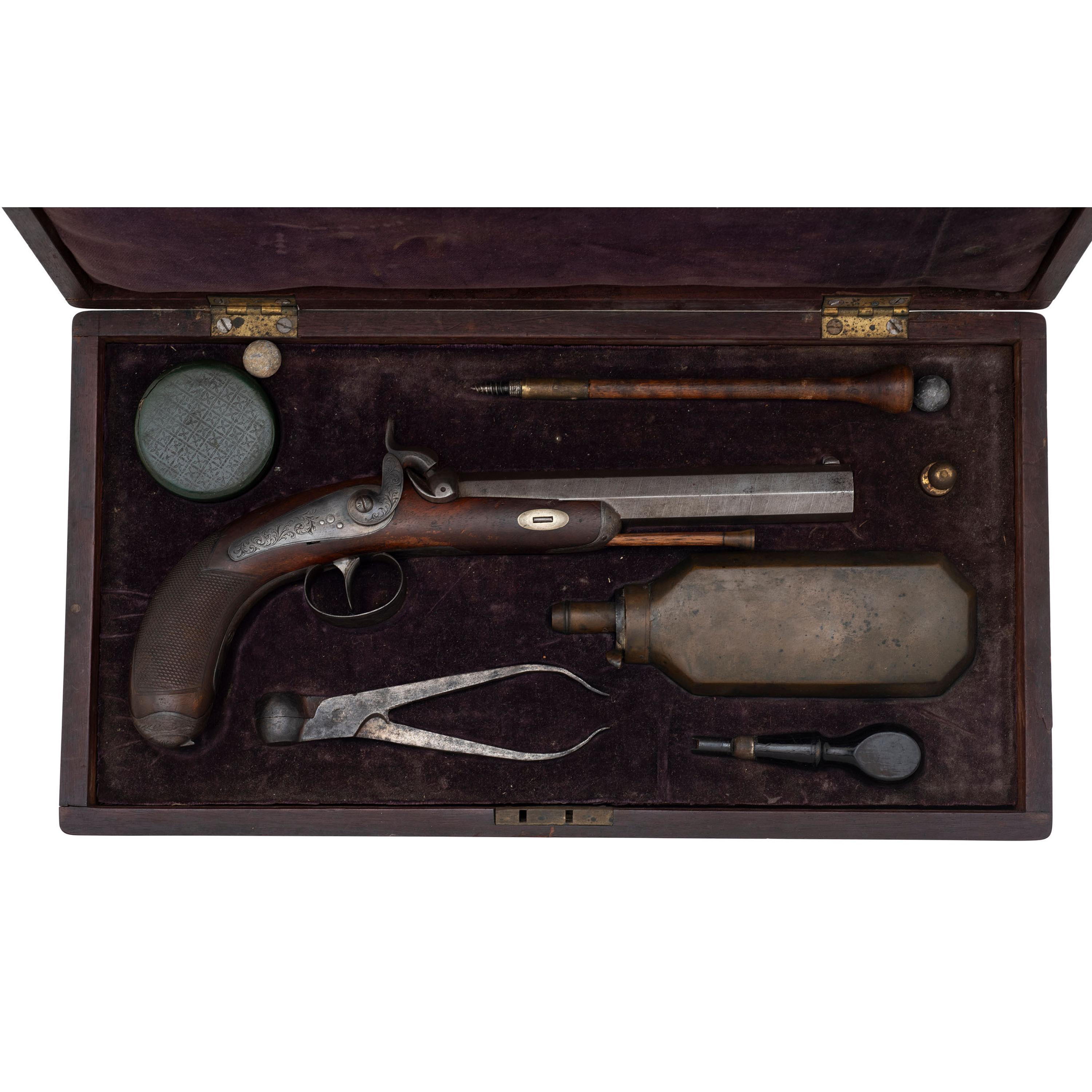 19th Century Belgian Percussion Pistol in Case with Accessories
