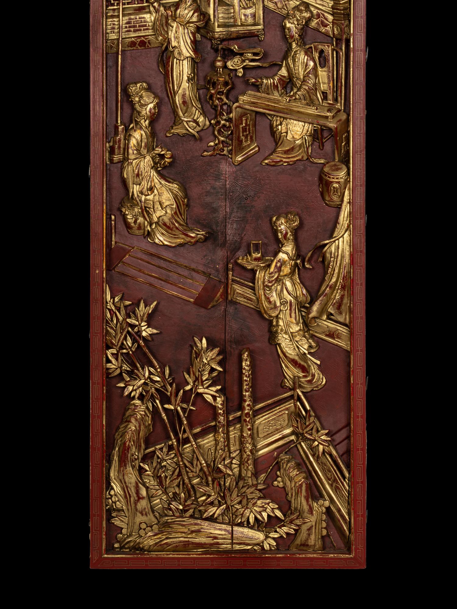 Two Pairs of Chinese Gilt and Red Lacquered Wood Panels