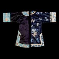 Two Chinese Midnight-Blue Ground Embroidered Silk Lady's Robes, 19th Century 清晚期 石青地綉花女褂兩件