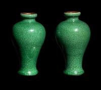 A Pair of Chinese Green Ground Crackled Glazed Porcelain Vases