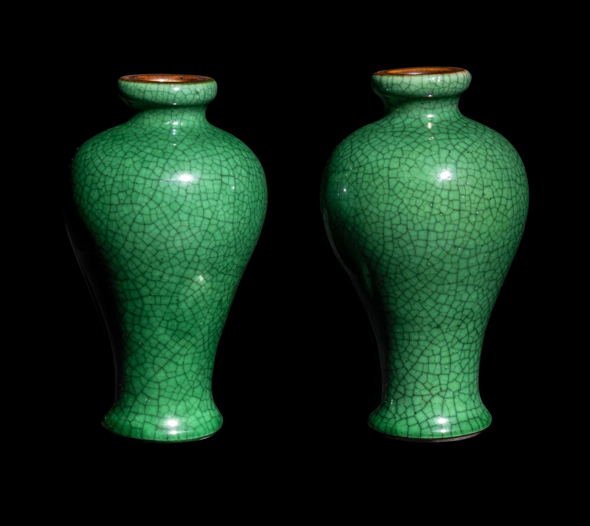 A Pair of Chinese Green Ground Crackled Glazed Porcelain Vases