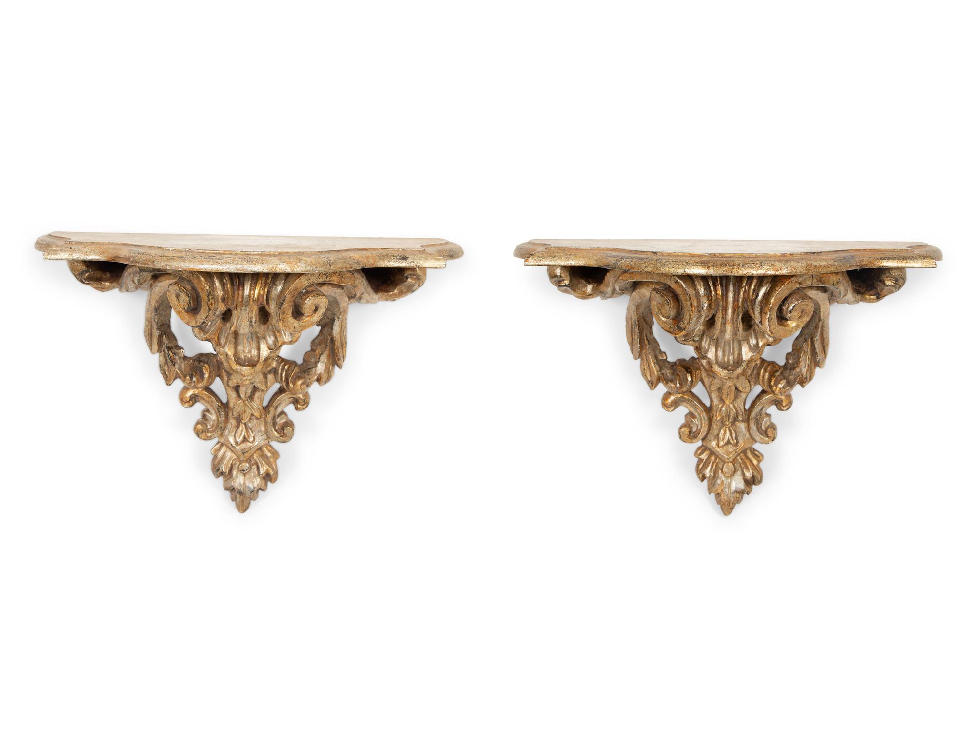 A Pair of Italian Silver Gilt Carved Rococo Style Wall Brackets