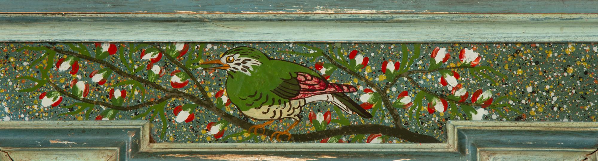 A Painted Molded Wood Framed Mirror with Reverse Painted Glass Panels Depicting Birds in Foliage