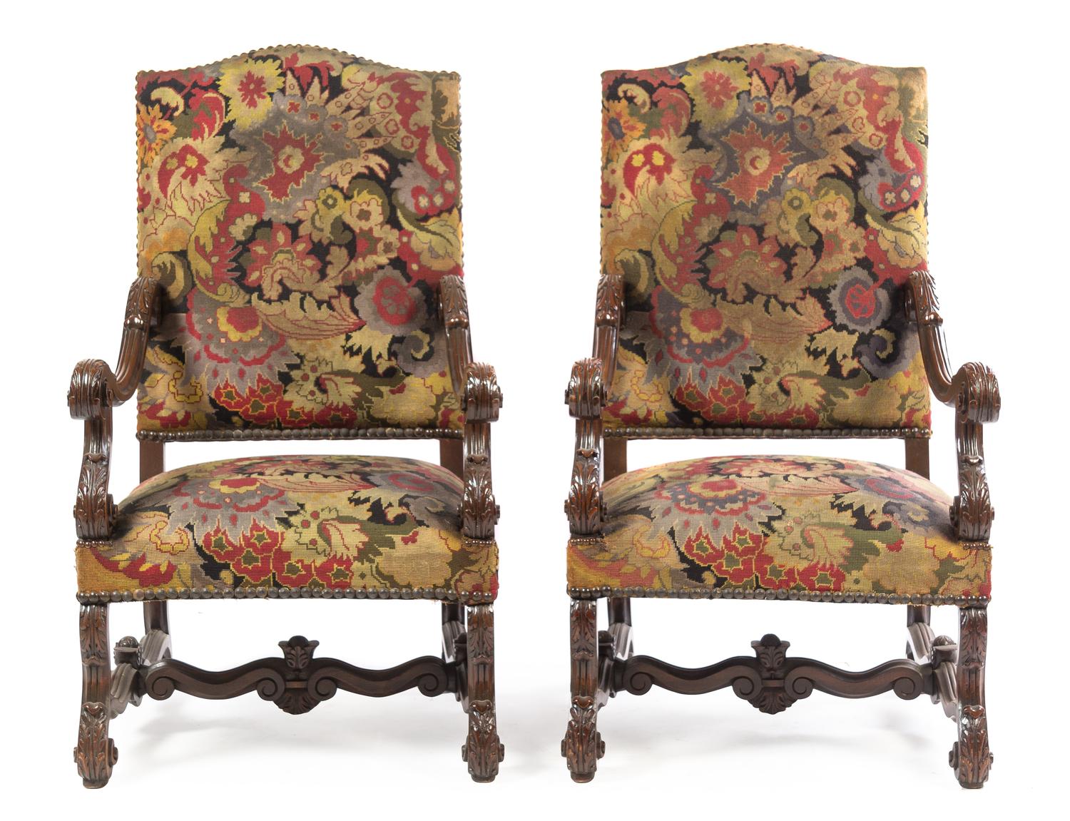 A Pair of Louis XIV Style Walnut Fauteuils Height 47 1/2 x width 26 x depth 27 inches. — LATE 19TH CENTURY