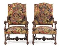 A Pair of Louis XIV Style Walnut Fauteuils Height 47 1/2 x width 26 x depth 27 inches. — LATE 19TH CENTURY