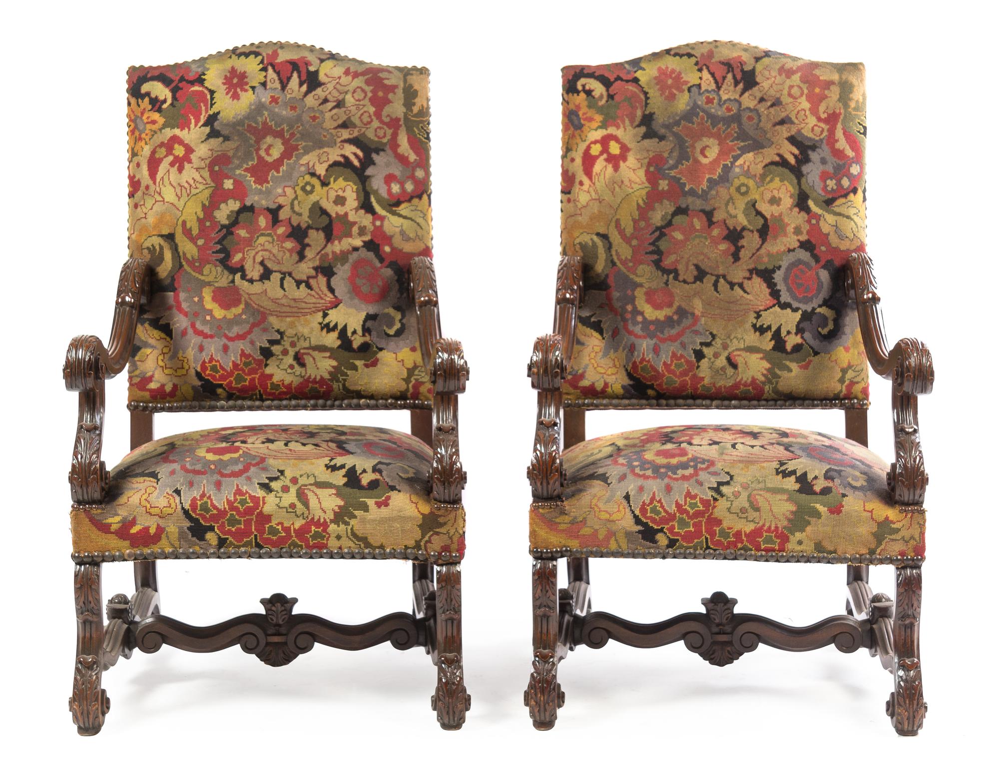 A Pair of Louis XIV Style Walnut Fauteuils Height 47 1/2 x width 26 x depth 27 inches. — LATE 19TH CENTURY