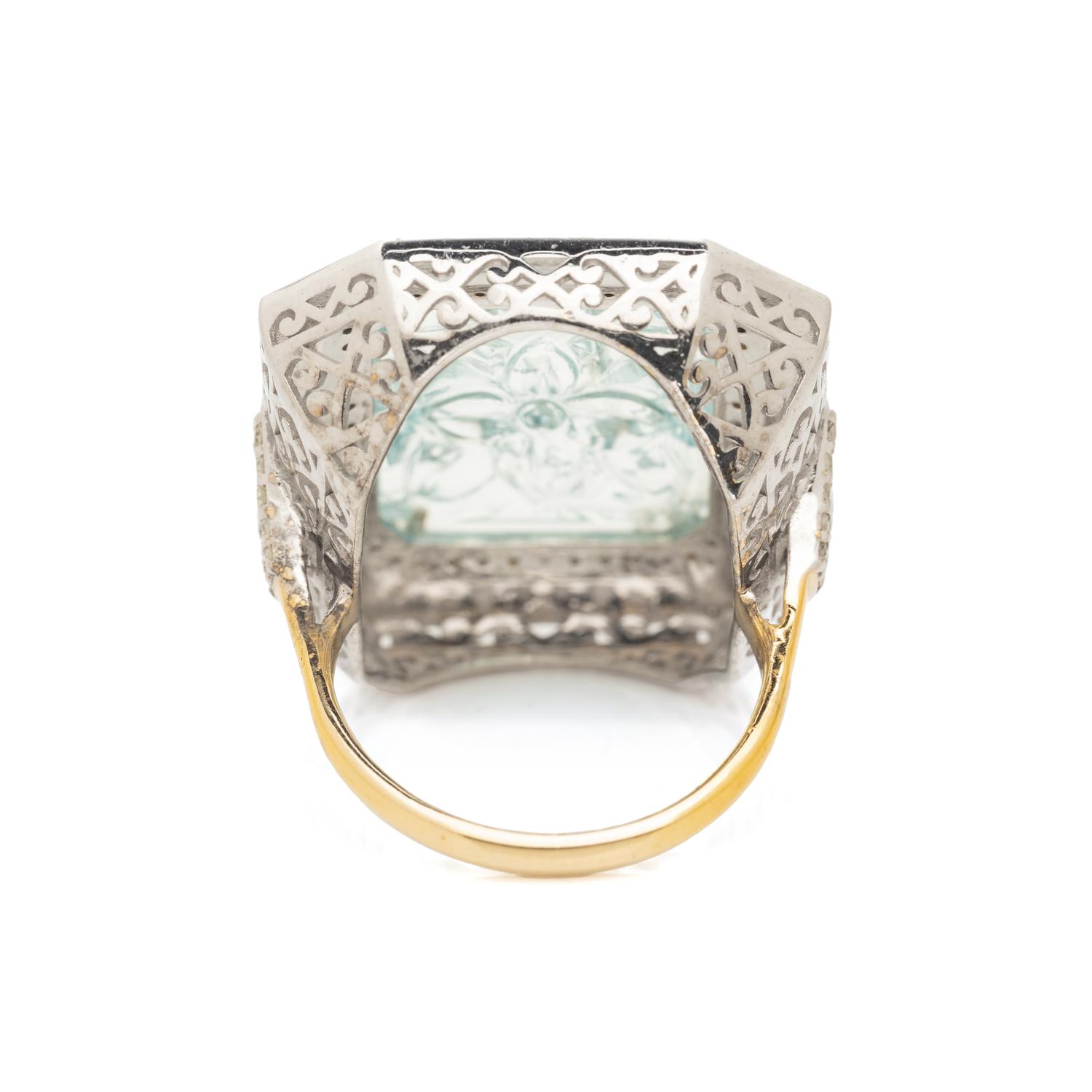 AQUAMARINE, DIAMOND AND ENAMEL RING