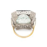 AQUAMARINE, DIAMOND AND ENAMEL RING