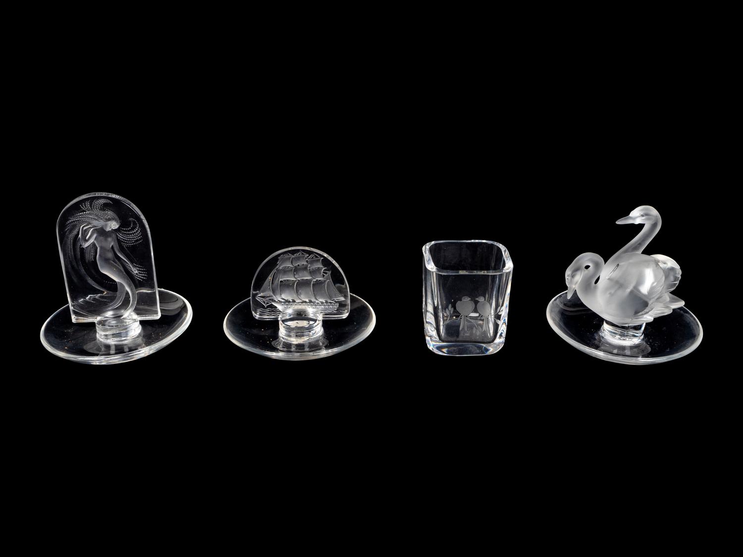 Three Lalique Ring Trays and an Orrefors Toothpick Holder
