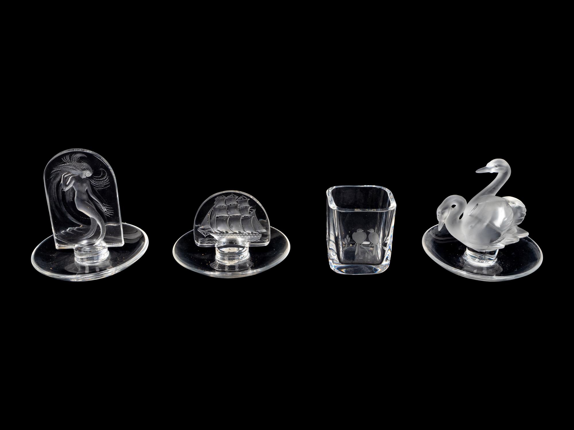 Three Lalique Ring Trays and an Orrefors Toothpick Holder