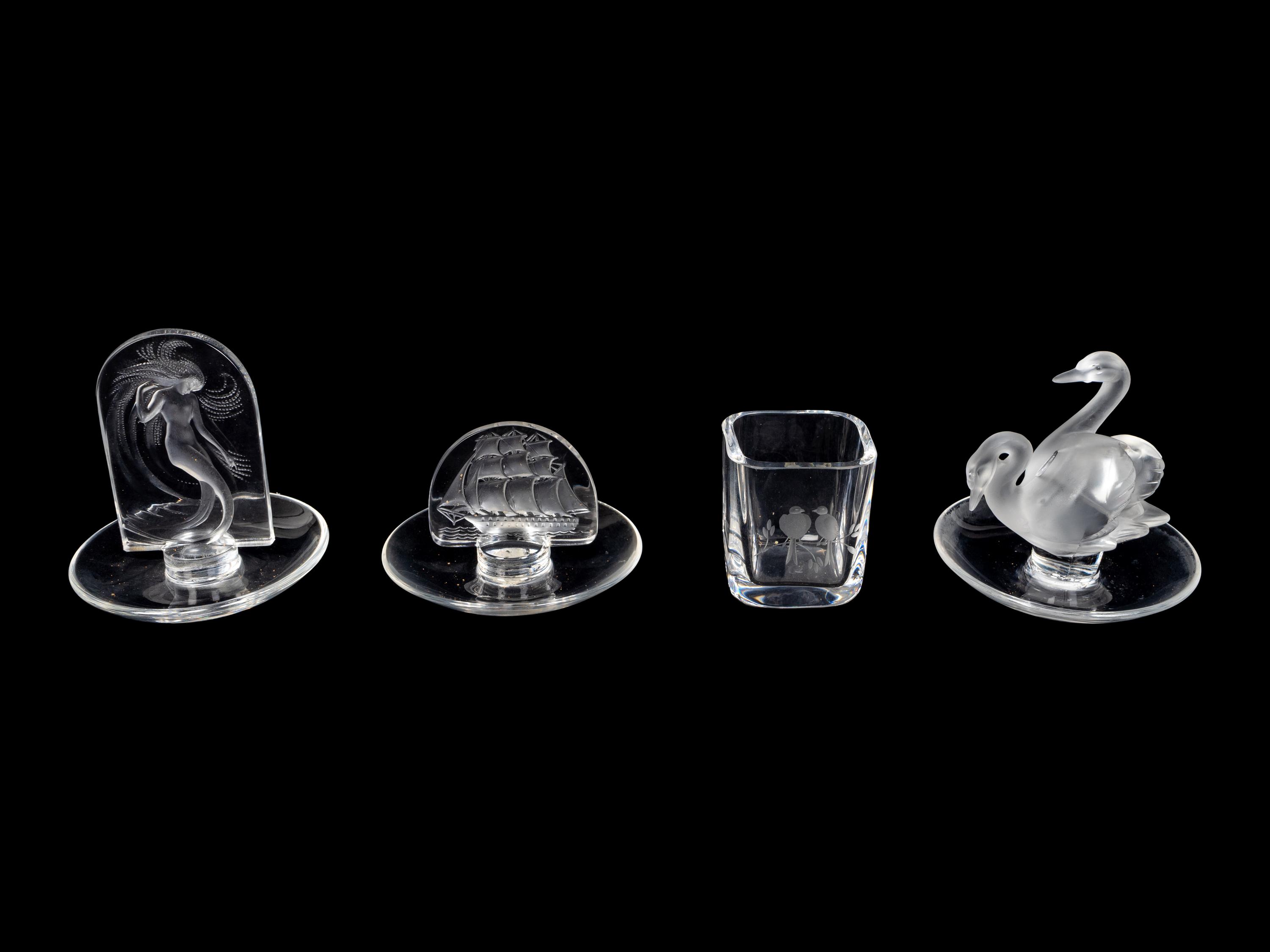 Three Lalique Ring Trays and an Orrefors Toothpick Holder