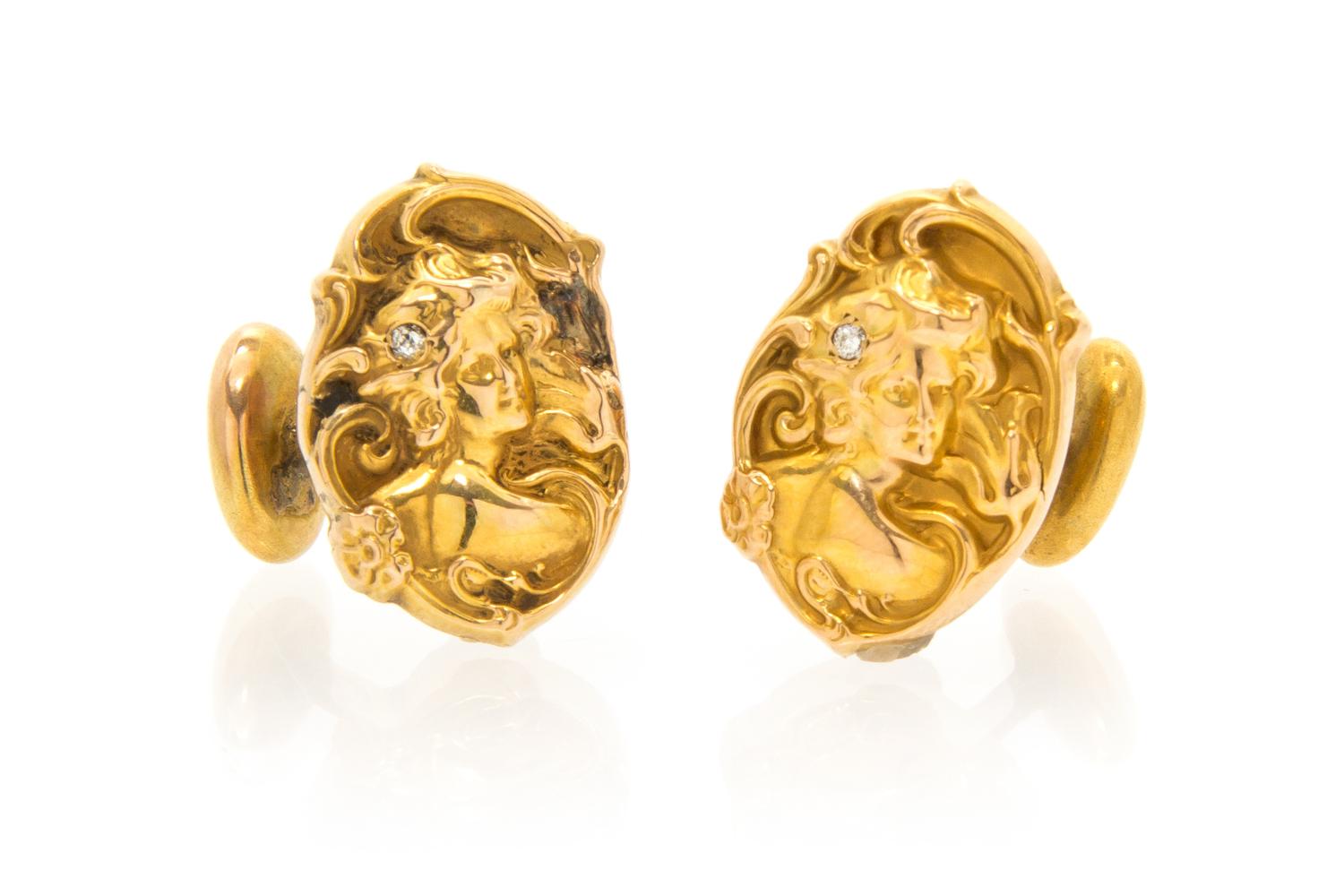 A Pair of Art Nouveau 14 Karat Yellow Gold Cufflinks, 3.20 dwts.