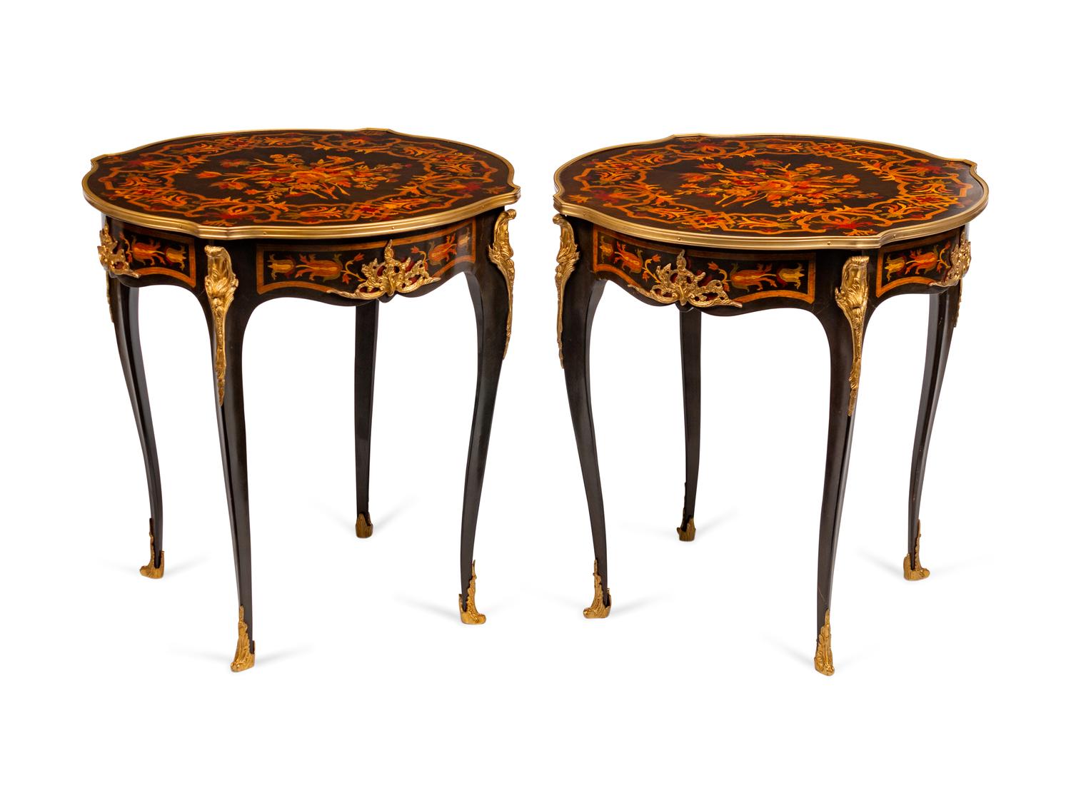 A Pair of Louis XV Style Gilt-Bronze-Mounted Marquetry Tables de Milieu