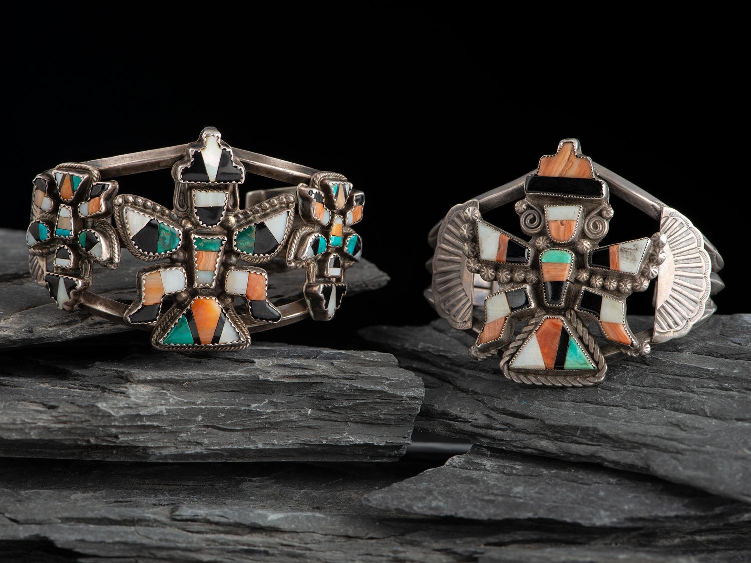 Pair of Zuni Silver and Mosaic Inlay Knifewing Cuff Bracelets