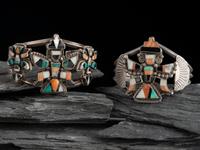 Pair of Zuni Silver and Mosaic Inlay Knifewing Cuff Bracelets