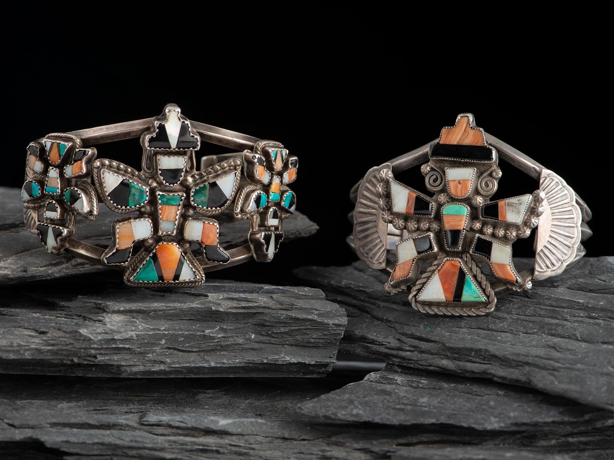 Pair of Zuni Silver and Mosaic Inlay Knifewing Cuff Bracelets