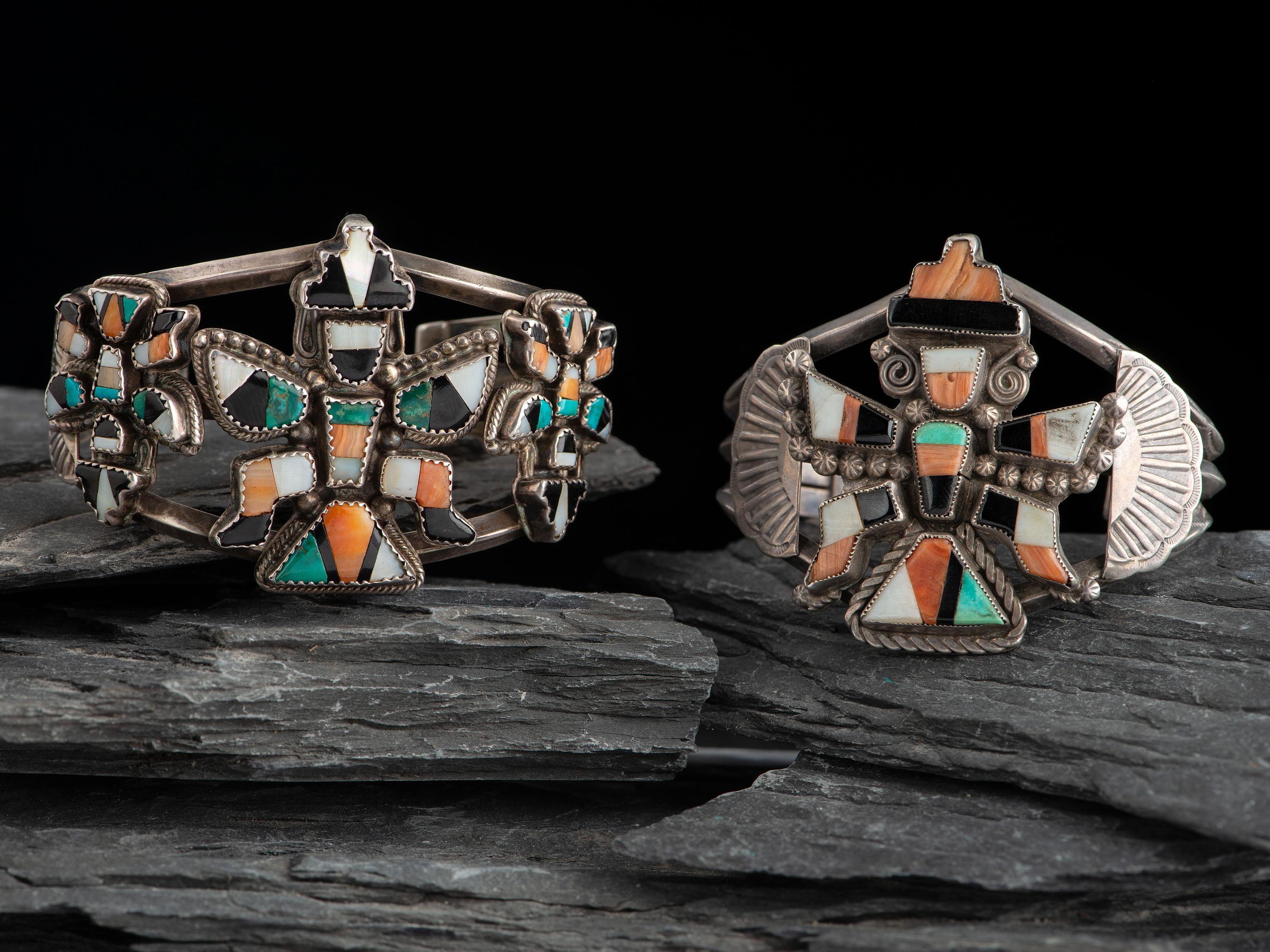 Pair of Zuni Silver and Mosaic Inlay Knifewing Cuff Bracelets