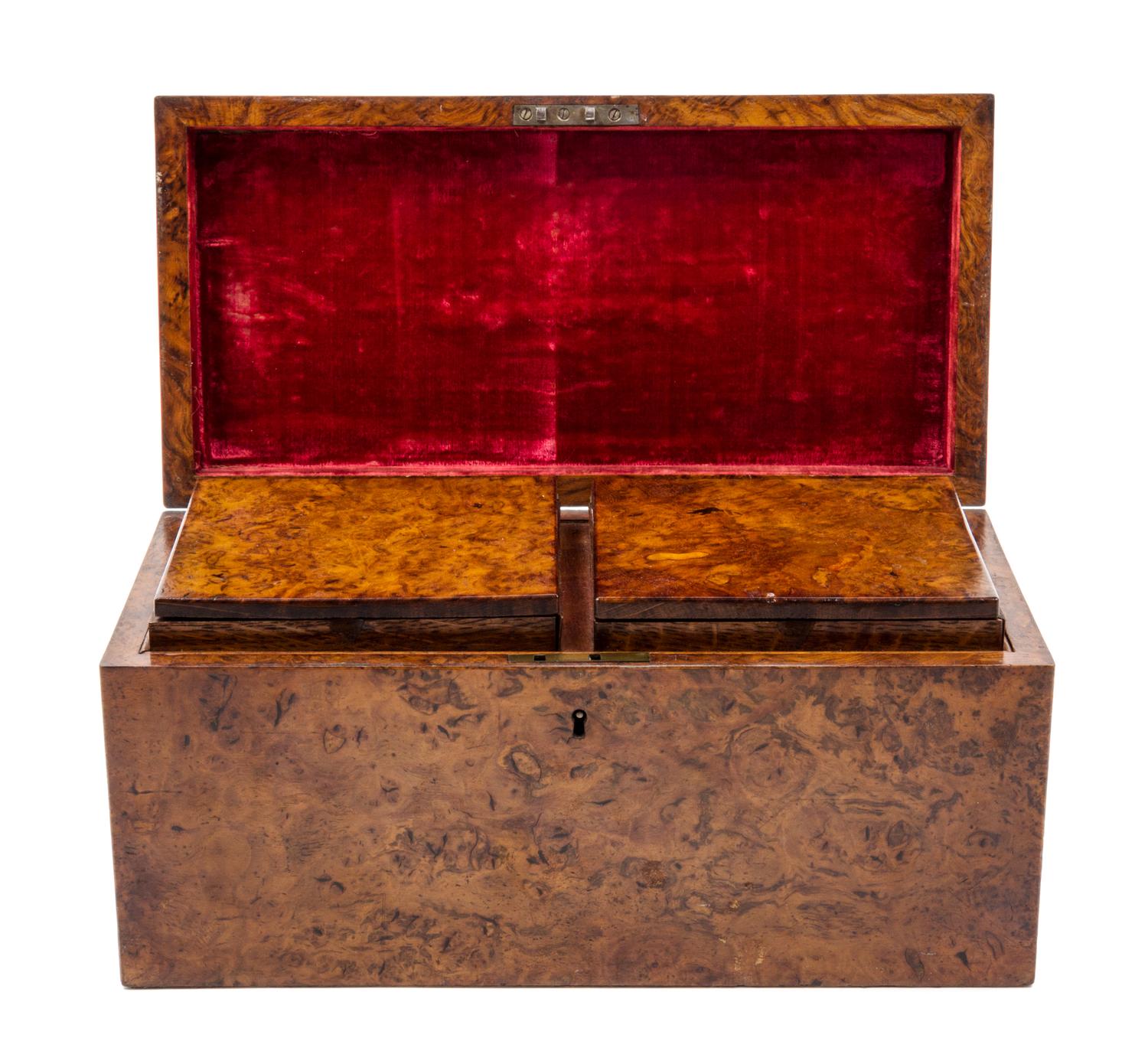 An English Burlwood Tea Caddy Width 13 1/4 inches. — 19TH CENTURY