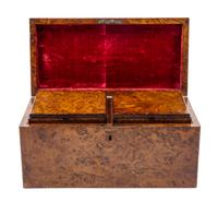 An English Burlwood Tea Caddy Width 13 1/4 inches. — 19TH CENTURY