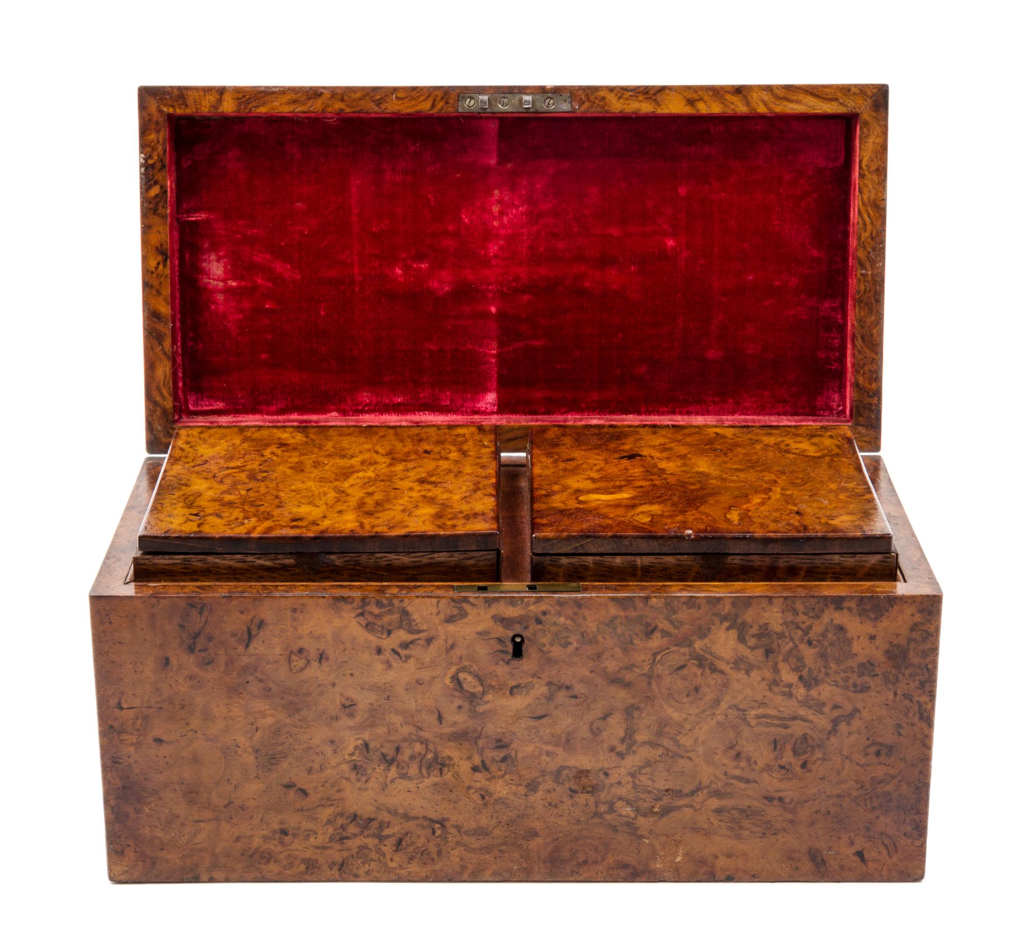 An English Burlwood Tea Caddy Width 13 1/4 inches. — 19TH CENTURY