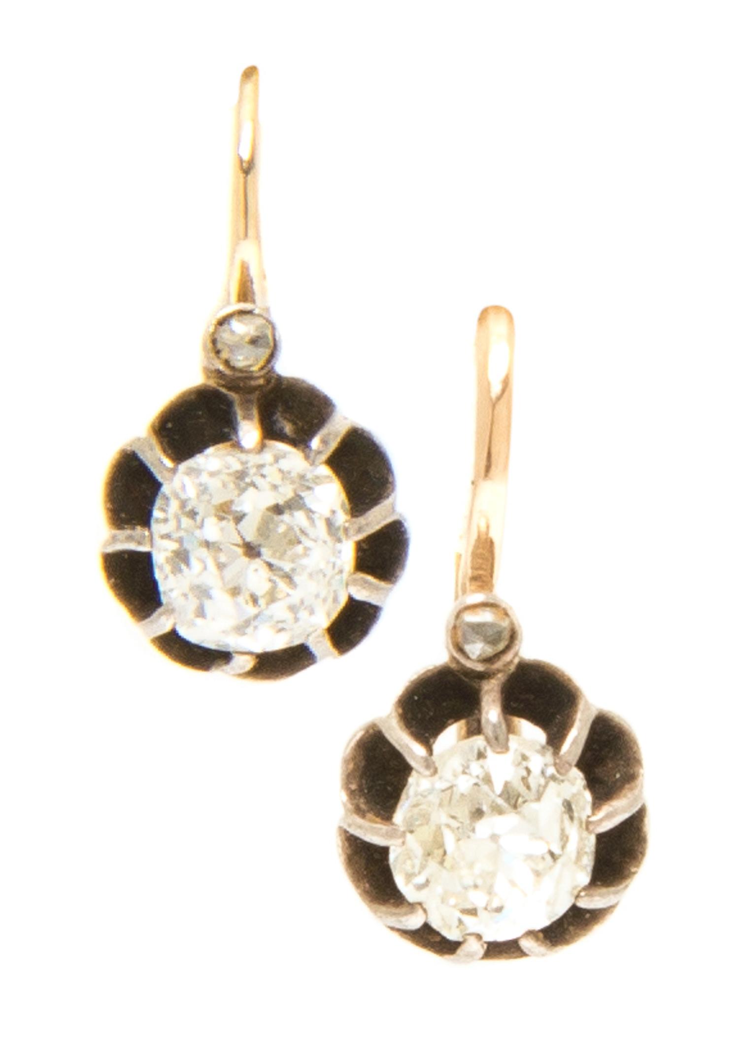 A Pair of Silver Topped Yellow Gold and Diamond Earrings, 1.20 dwts.