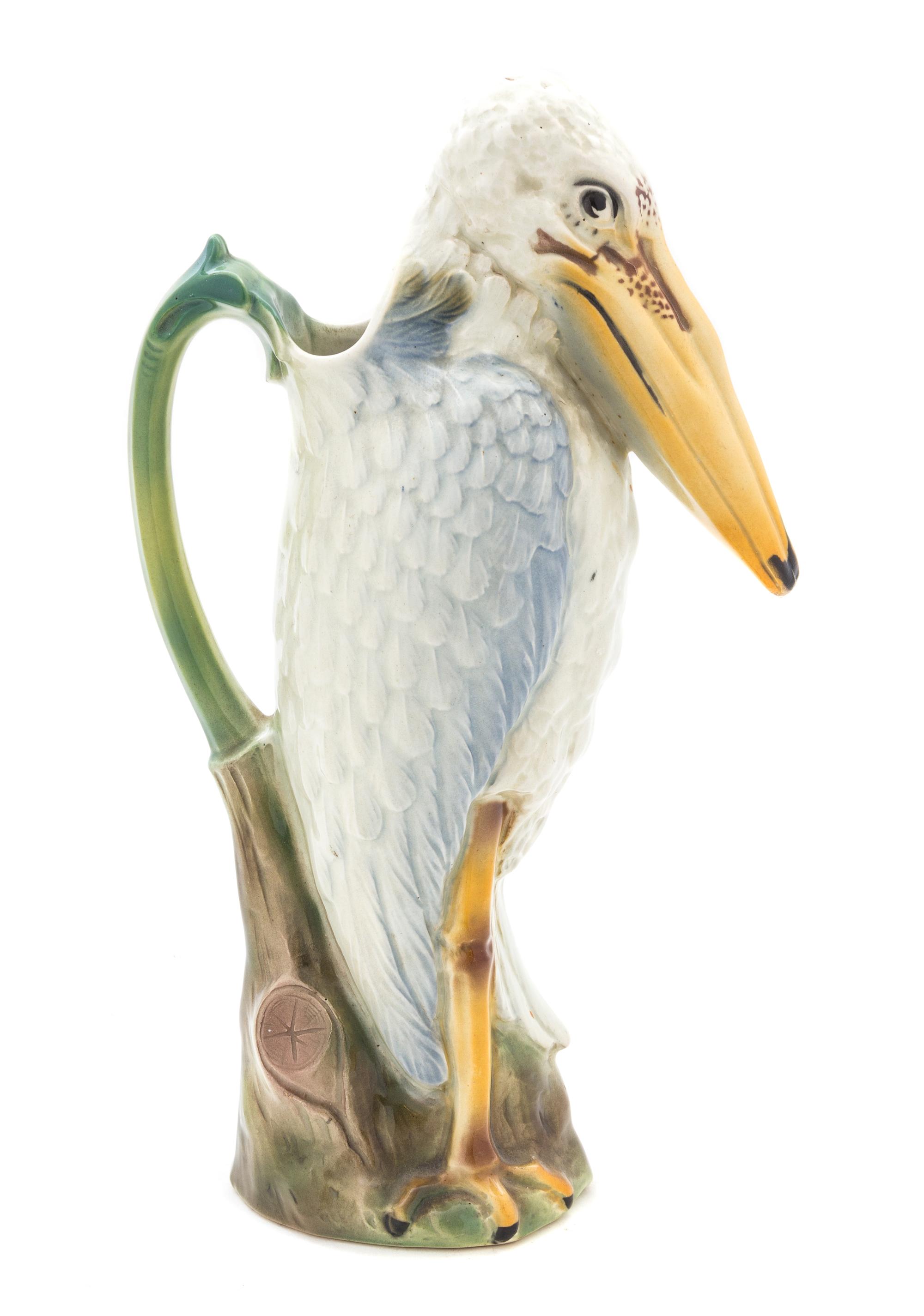 A Continental Majolica Stork Form Ewer Height 13 3/4 inches.