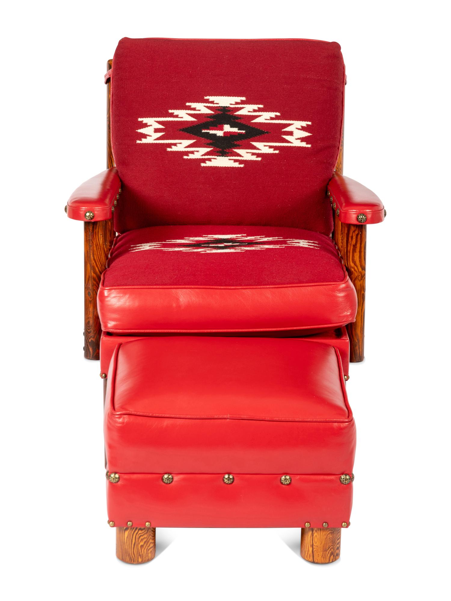 Spindle Sided Armchair with leather and Chimayo Weavings with matching ottoman