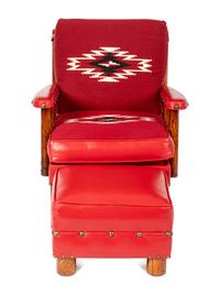Spindle Sided Armchair with leather and Chimayo Weavings with matching ottoman