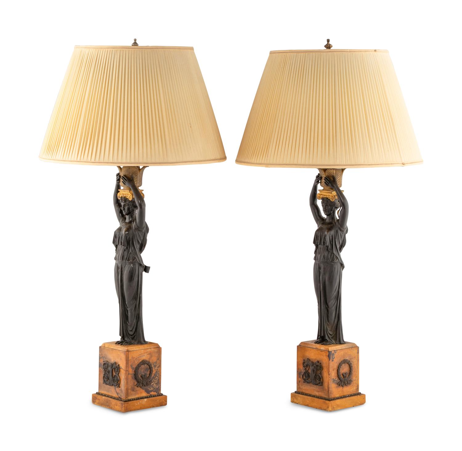 A Pair of Empire Patinated Bronze and Marble Table Lamps