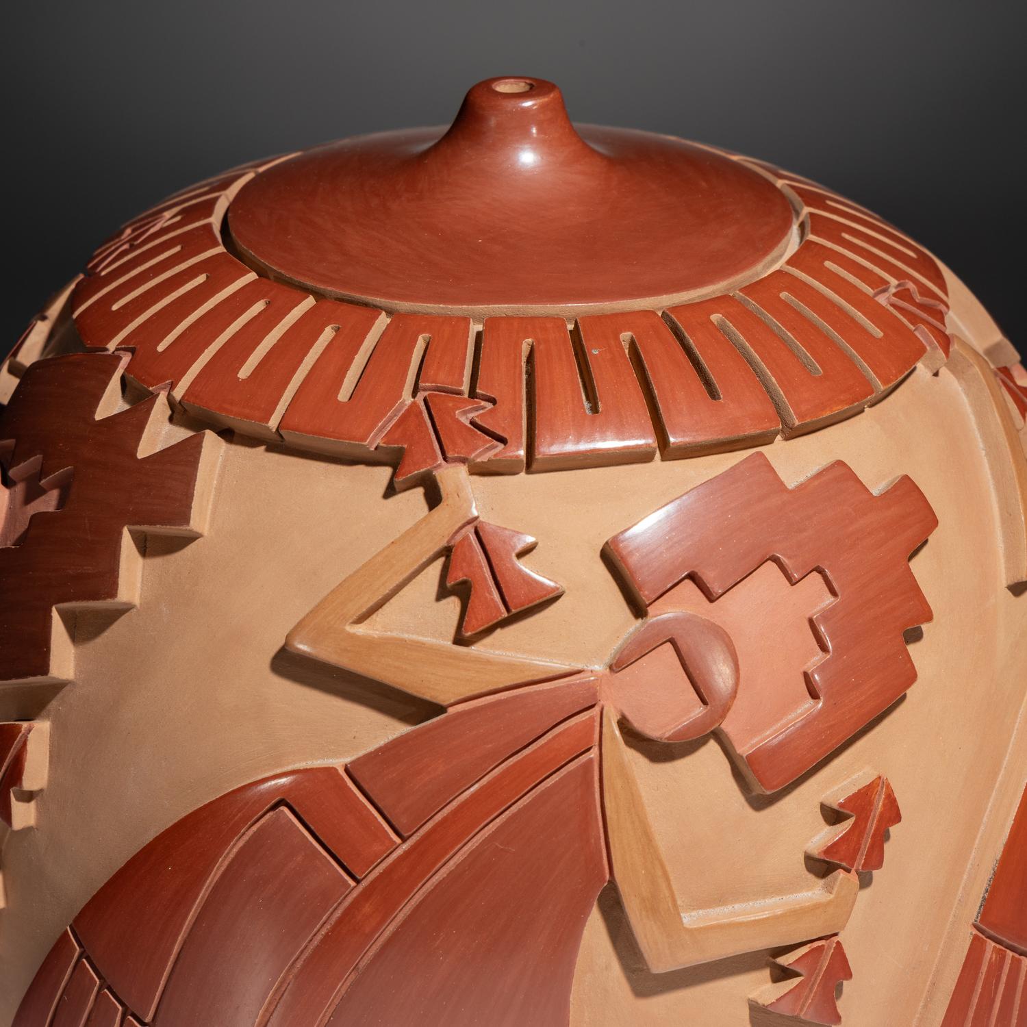 Carved Red and Tan Pottery Jar March 1998