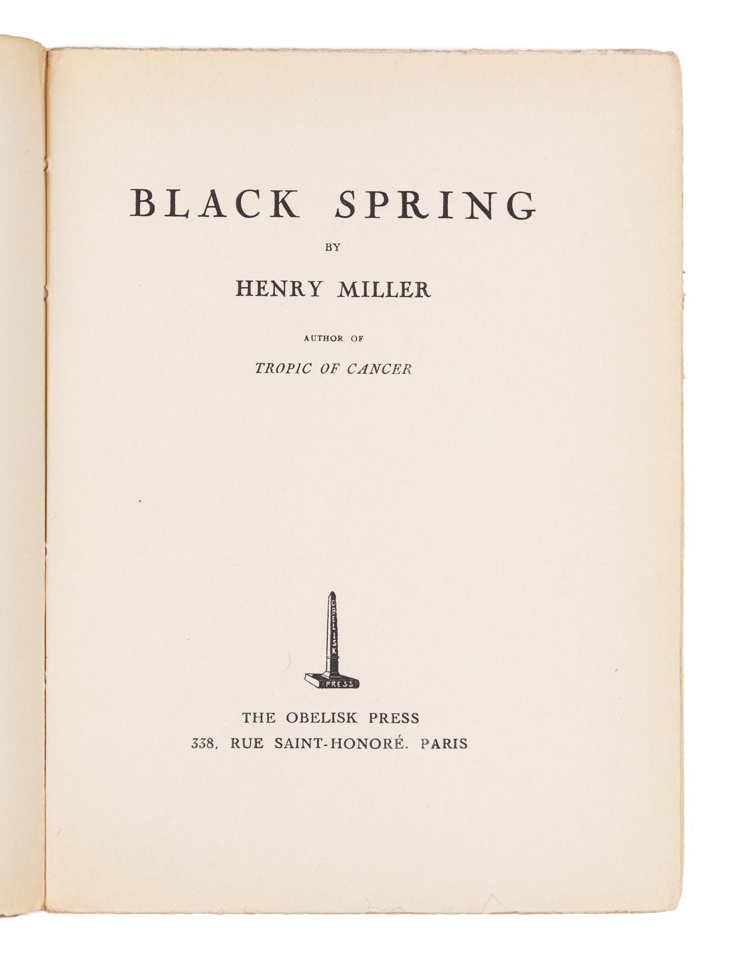 MILLER, Henry (1891-1980). Black Spring. Paris: Obelisk Press, [1936].