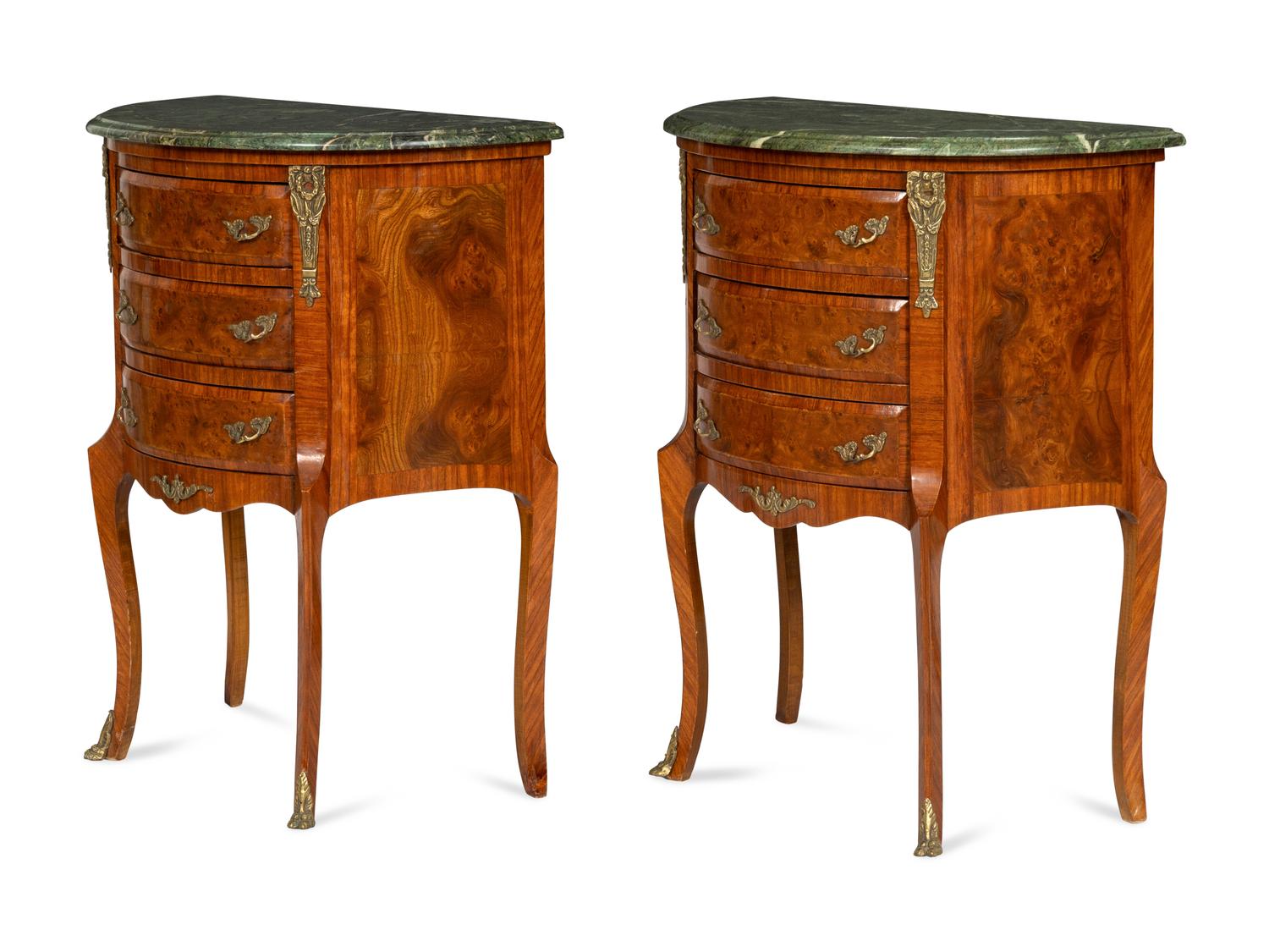 A Pair of Late Louis XV Transitional Style Burl Walnut Tables de Chevet