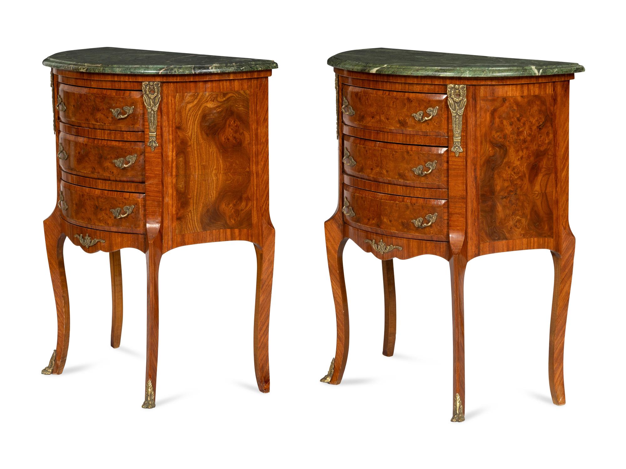 A Pair of Late Louis XV Transitional Style Burl Walnut Tables de Chevet