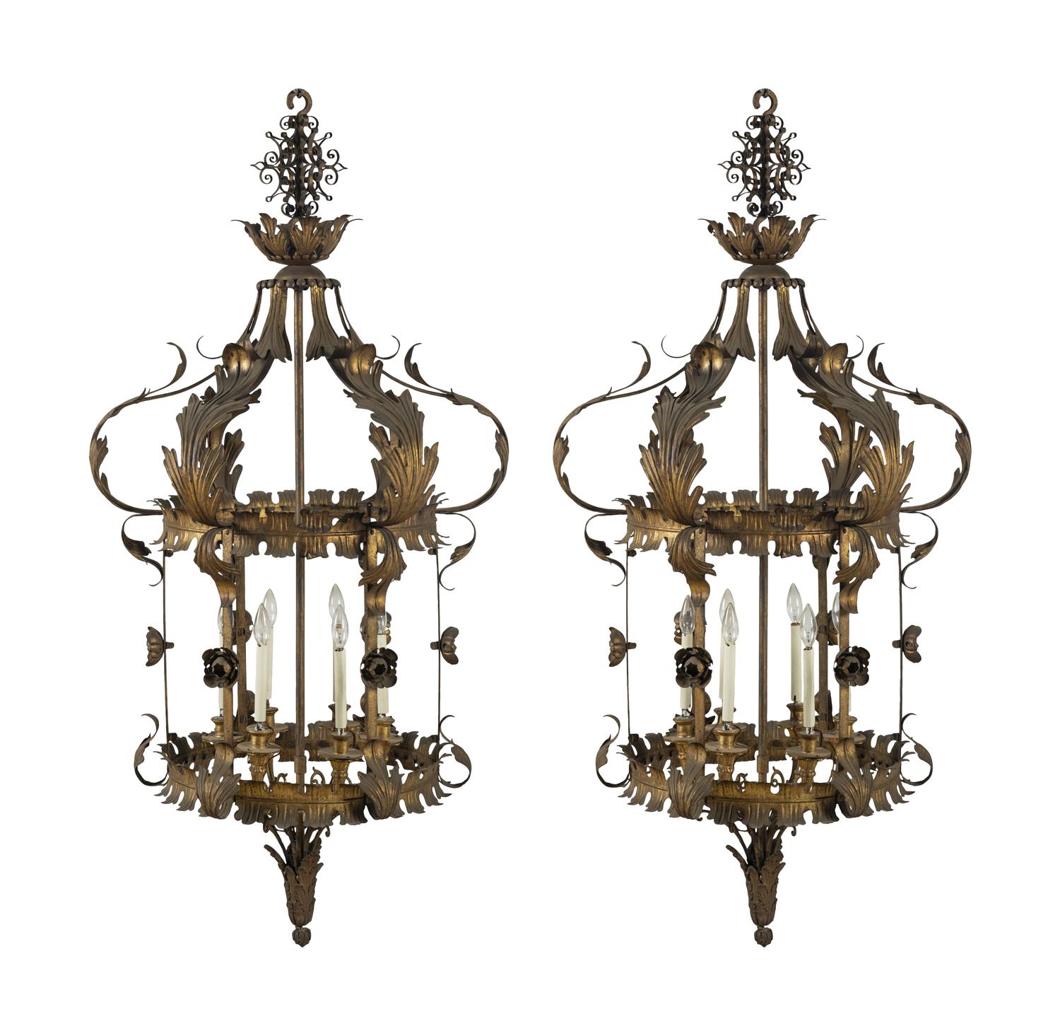 A Pair of Gilt Tôle, Glass and Giltwood Hall Lanterns from the Embassy of Italy, Washington, D.C.