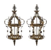 A Pair of Gilt Tôle, Glass and Giltwood Hall Lanterns from the Embassy of Italy, Washington, D.C.