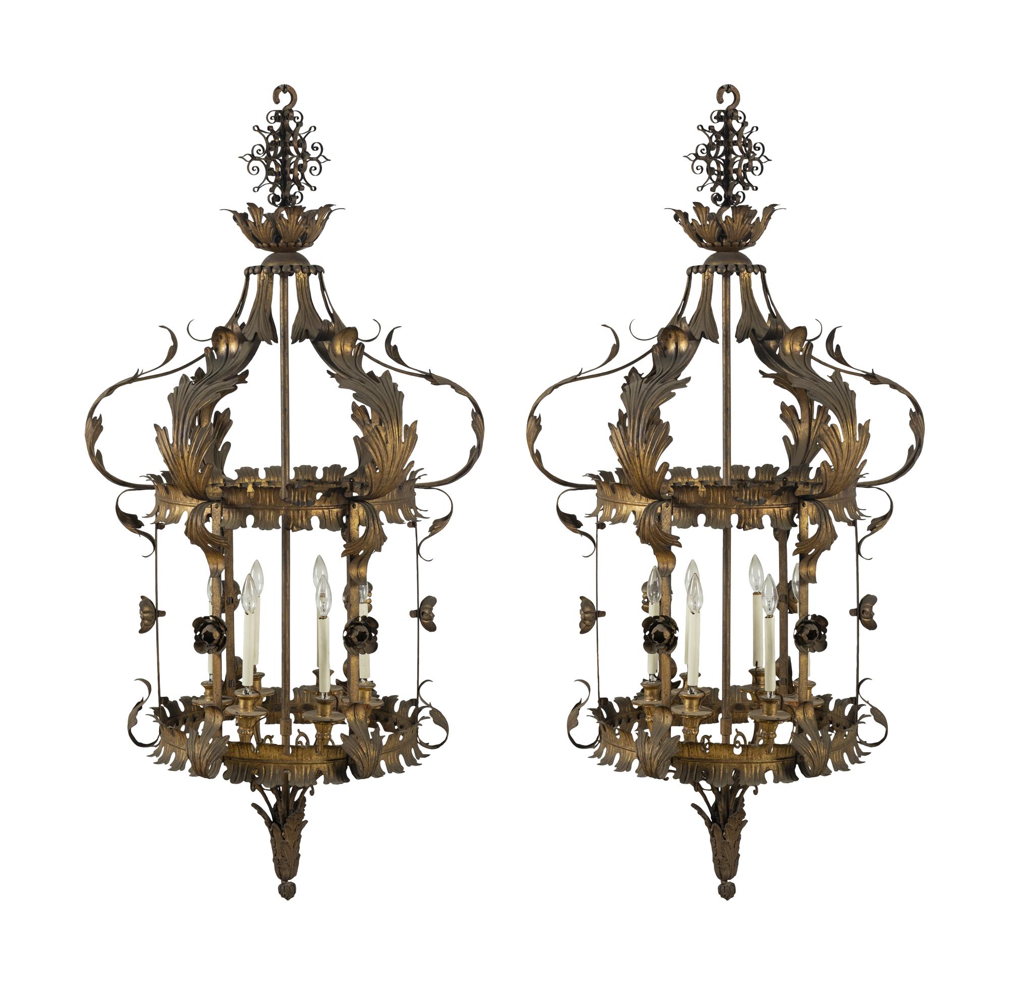 A Pair of Gilt Tôle, Glass and Giltwood Hall Lanterns from the Embassy of Italy, Washington, D.C.