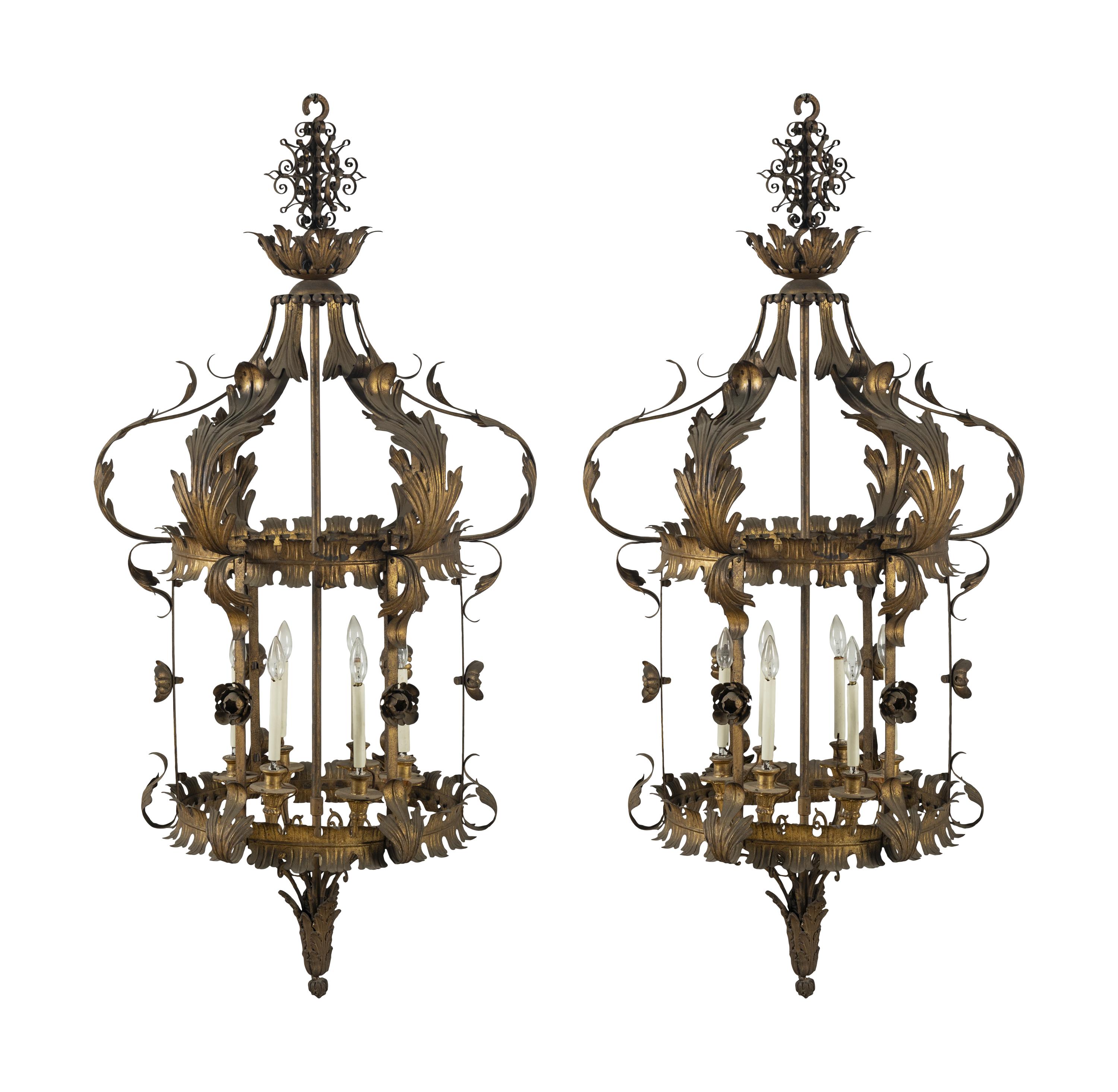 A Pair of Gilt Tôle, Glass and Giltwood Hall Lanterns from the Embassy of Italy, Washington, D.C.