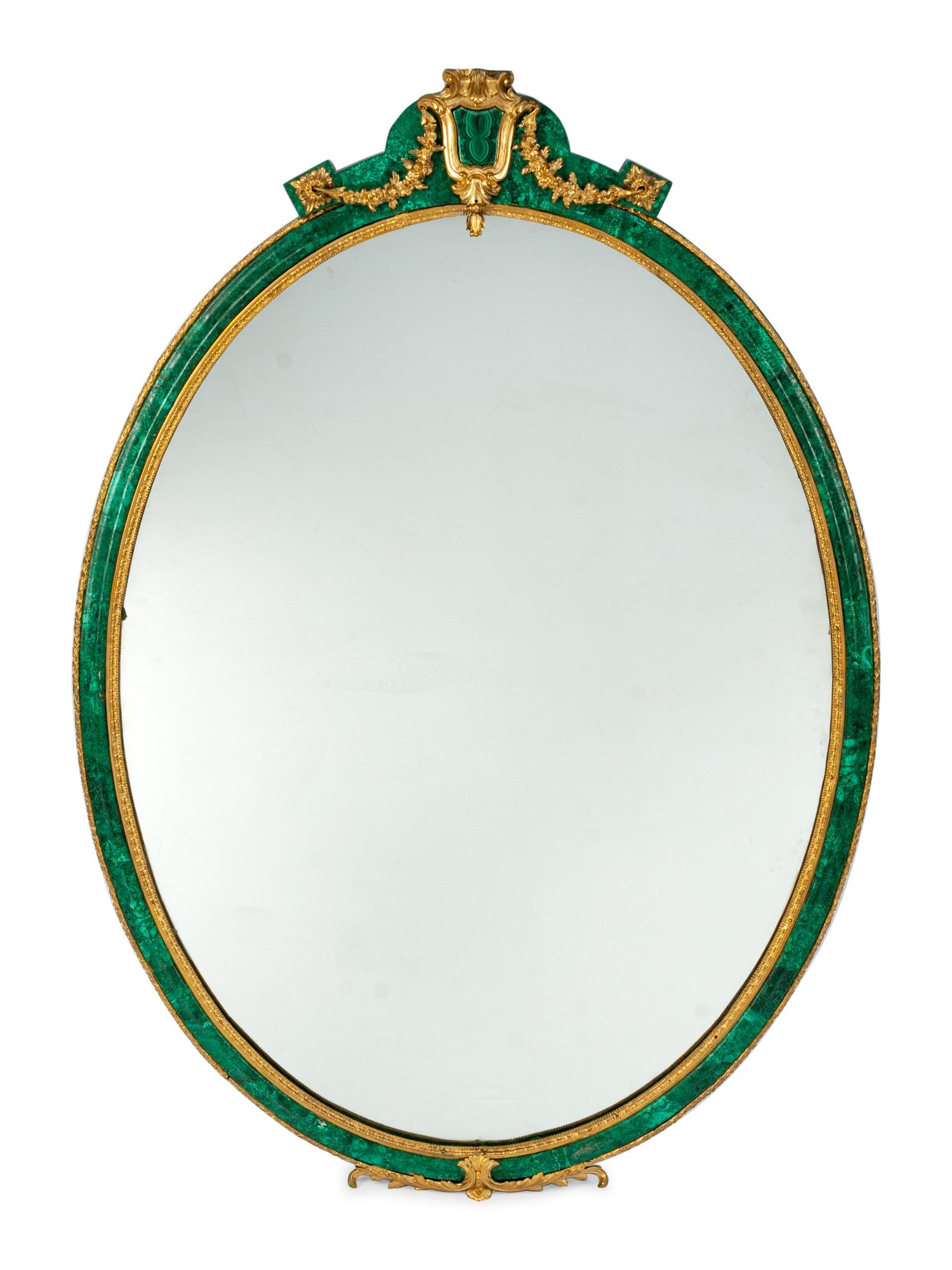 A Neoclassical Style Gilt-Bronze-Mounted Malachite Oval Mirror
