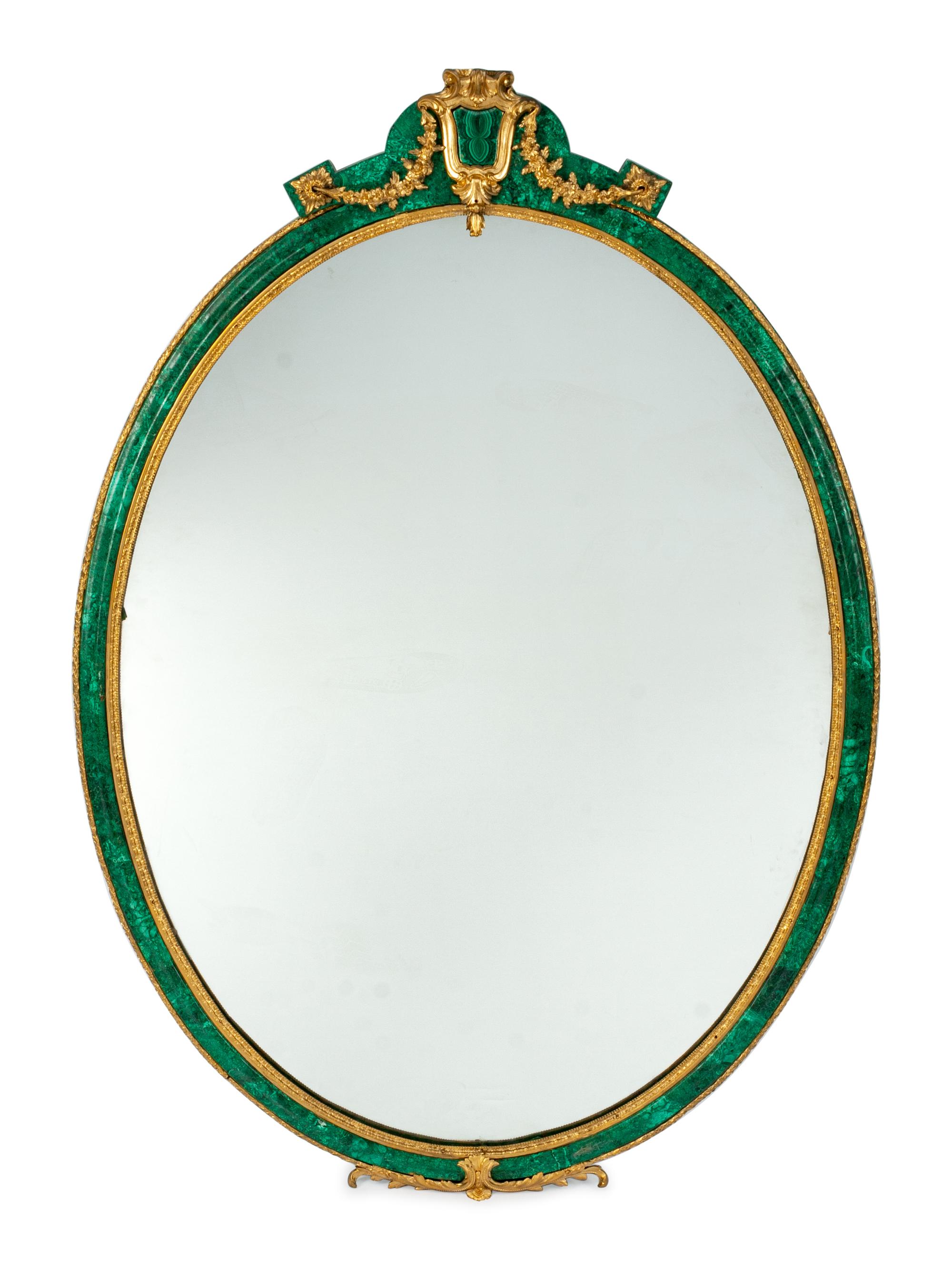 A Neoclassical Style Gilt-Bronze-Mounted Malachite Oval Mirror