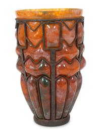 An Unsigned Daum Wrought-Iron and Glass Blow-Out Vase — CIRCA 1930